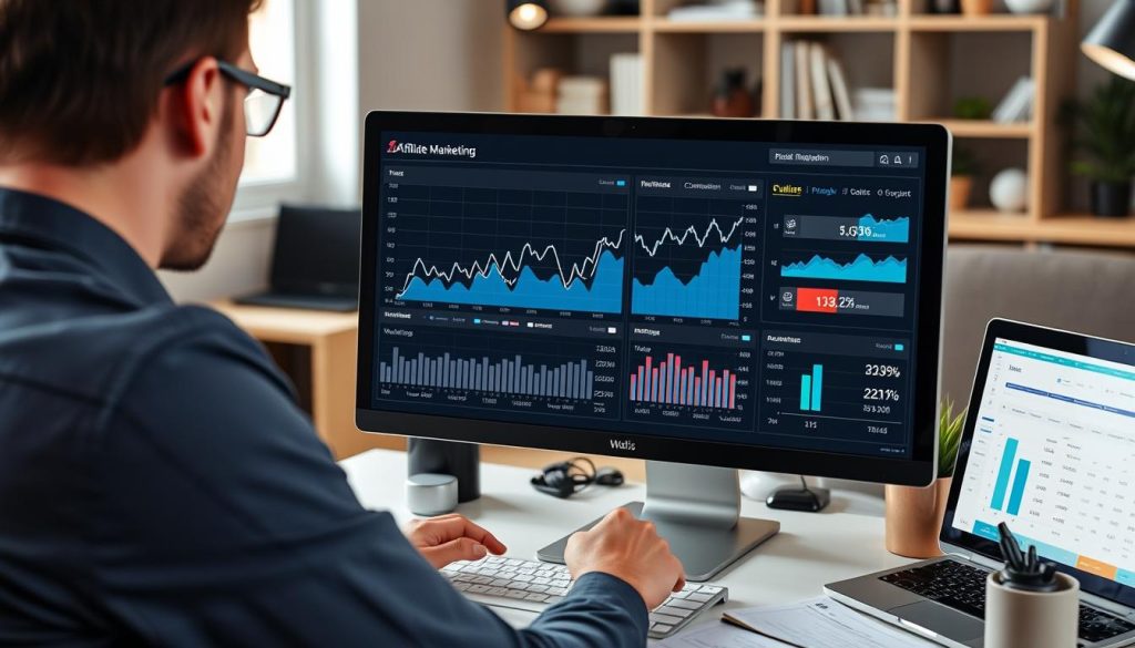 Person analyzing affiliate marketing performance metrics